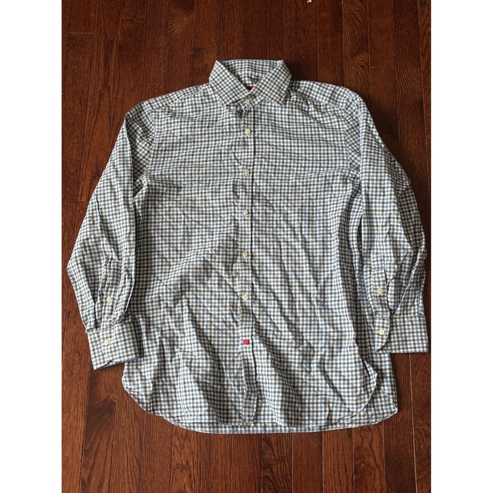 Isaia Napoli Mens Shirt 16 41 Blue Grey Gingham 100% Cotton Made Italy